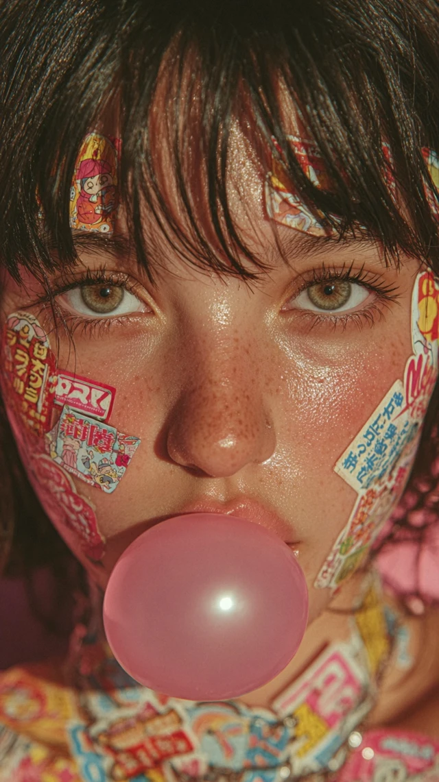 Woman with Stickers Blowing Bubble Gum