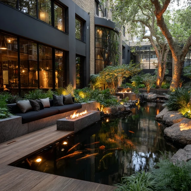 Modern Garden with Koi Pond and Fire Pit