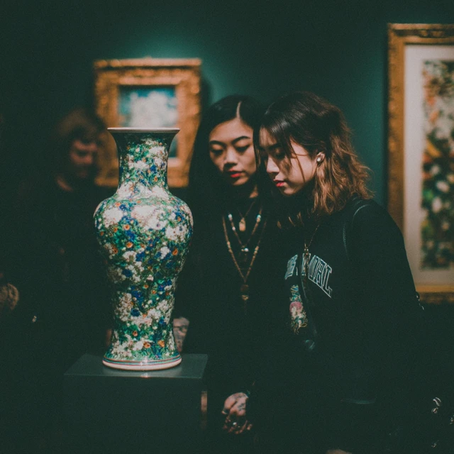 Museum Scene Two Asian Girls Observing Art