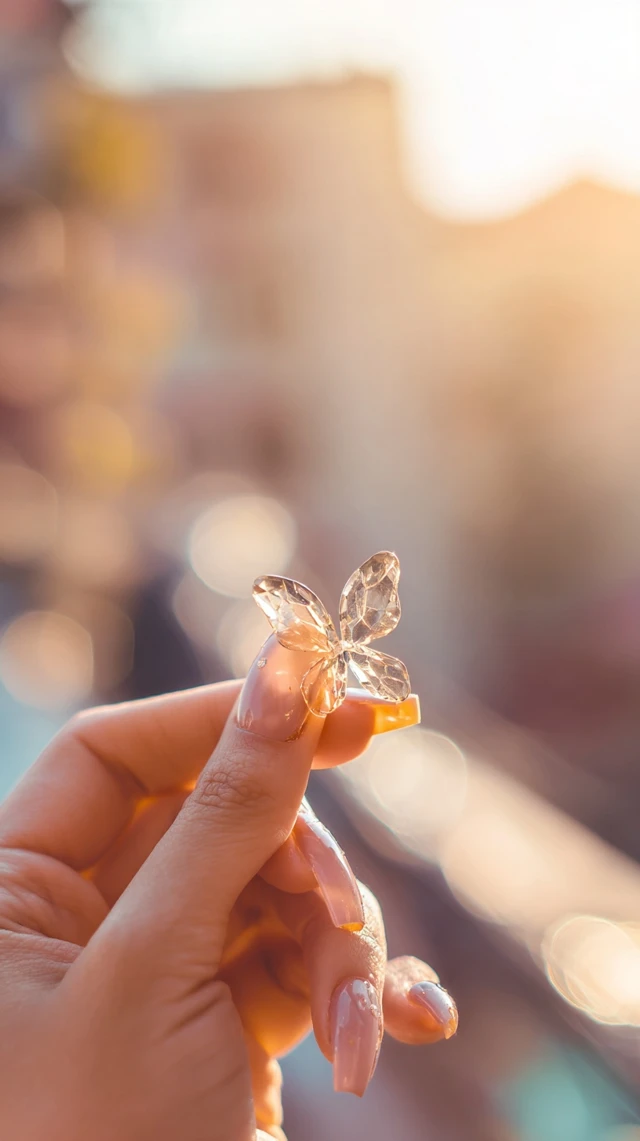Crystal Butterfly Hand Pastel Nails Golden Hour