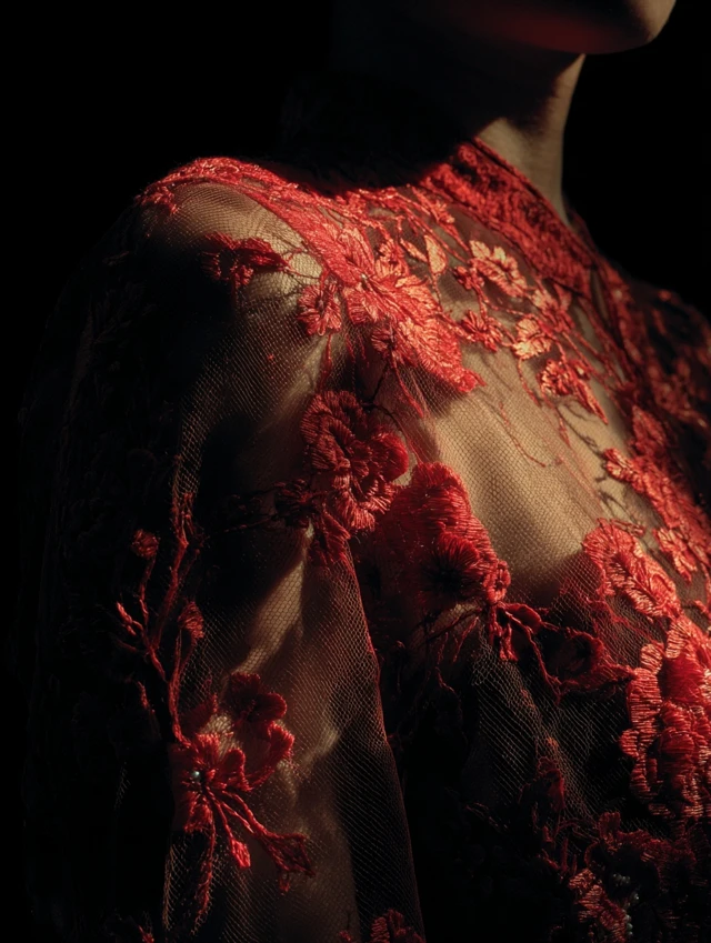 Red Lace Fabric Floral Kebaya Elegant Detail