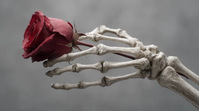 Skeleton Hand Holding a Rose: Romantic Horror Art