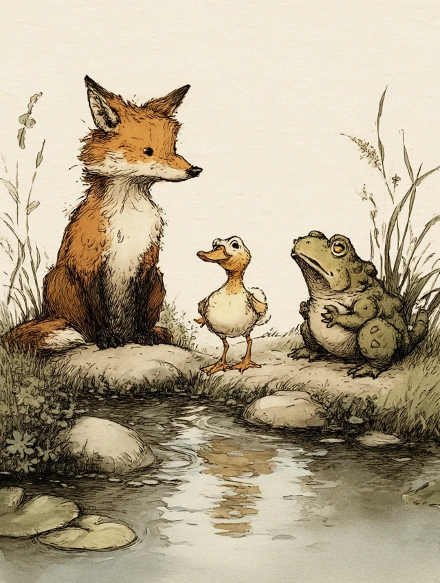 Fox Duck and Toad Illustration Arnold Lobel Style