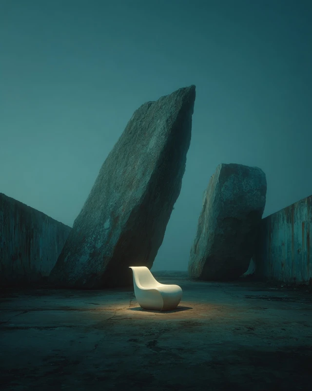 Minimalist White Chair and Dark Rocks Photography