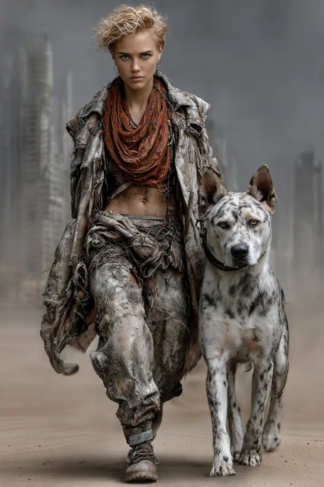 Post Apocalyptic Woman and Dog Cityscape
