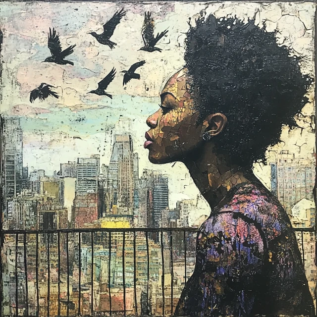 Black Woman on Balcony Birds and Cityscape
