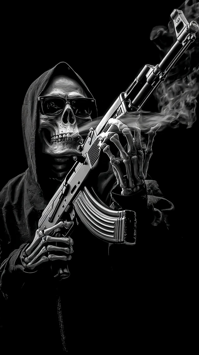 Grim Reaper with AK47 Black and White Photo