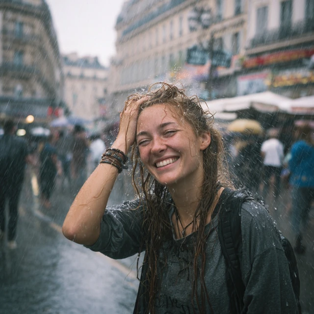 Woman in Marseille Rain Smiling