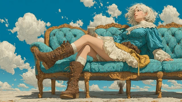 Anime Girl on Sofa Blue Sky Illustration