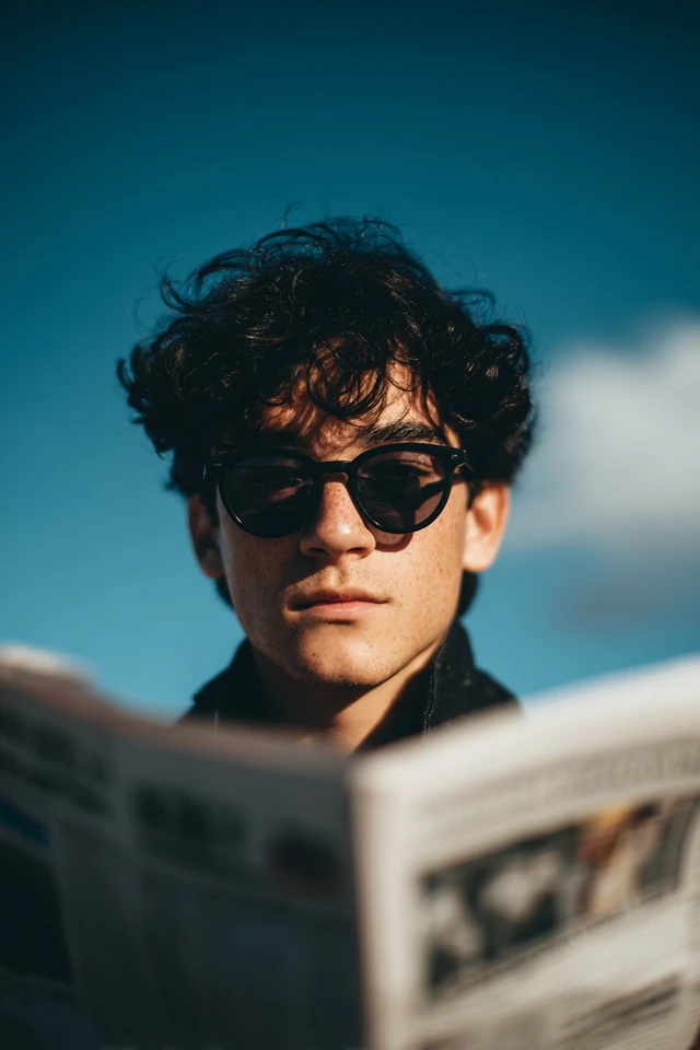 Stylish Man in Sunglasses Reading Newspaper