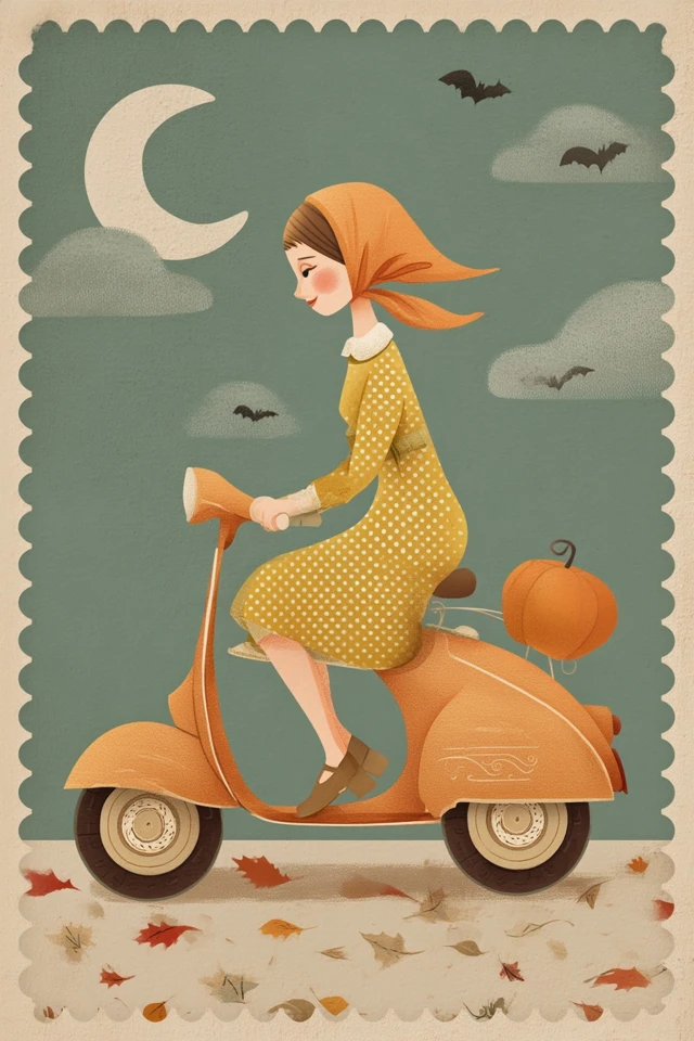 Vintage Halloween Girl on Scooter Illustration