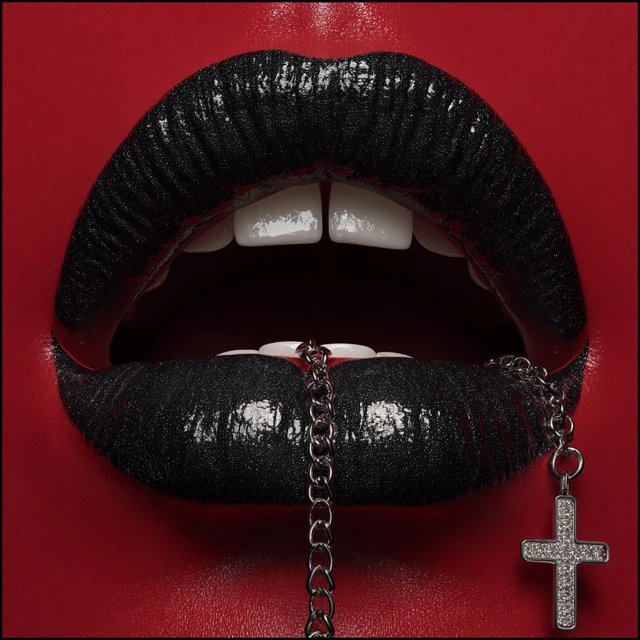 Black Lipstick Lips with Diamond Cross Necklace