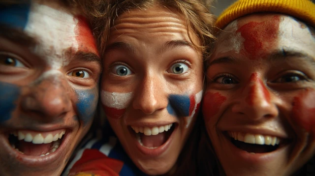 Soccer Fans Celebrating Painted Faces and National Flags