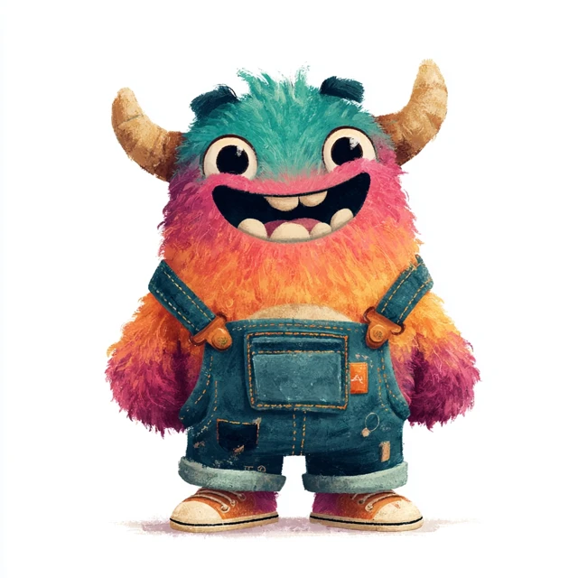 Cute Cartoon Monster in Overalls Smiling and Friendly