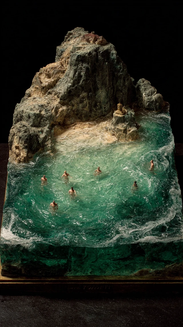 Miniature Island Diorama with Glass Sculptures
