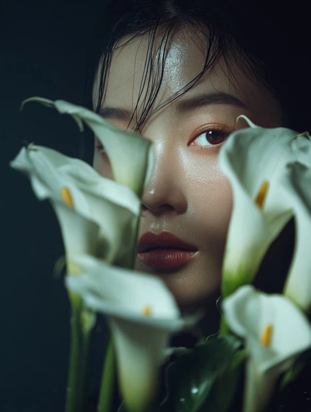 Elegant Asian Woman Portrait with Calla Lilies