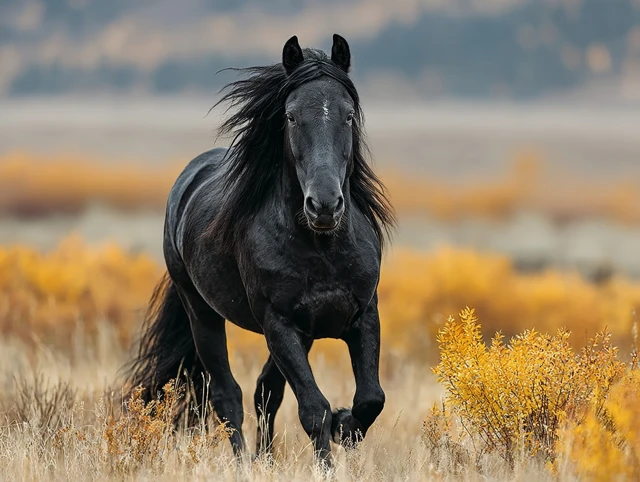 Wild Black Horse Running on the Prairie
