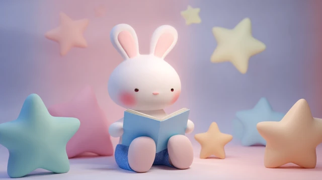 Kawaii 3D Rabbit Reading in Space