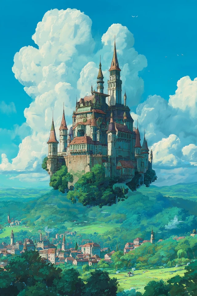 Floating Castle in Anime Style Ghibli Inspired