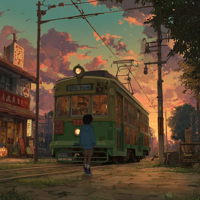 Studio Ghibli Sunset City Scene with Tram