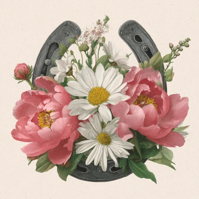 Horseshoe with Pink Peonies and Daisies Floral Illustration