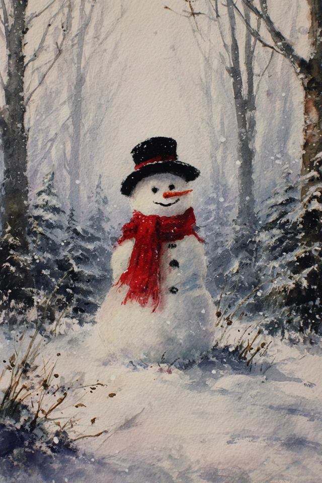 Snowman in Snowy Forest Watercolor Painting