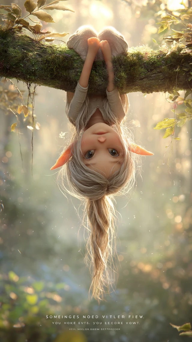 Elf Child Upside Down in Forest Dawn
