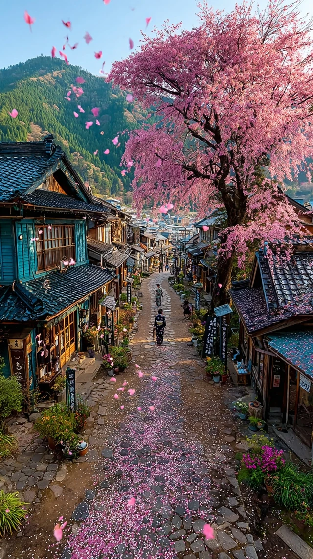 Japanese Village Cherry Blossoms Edo Period