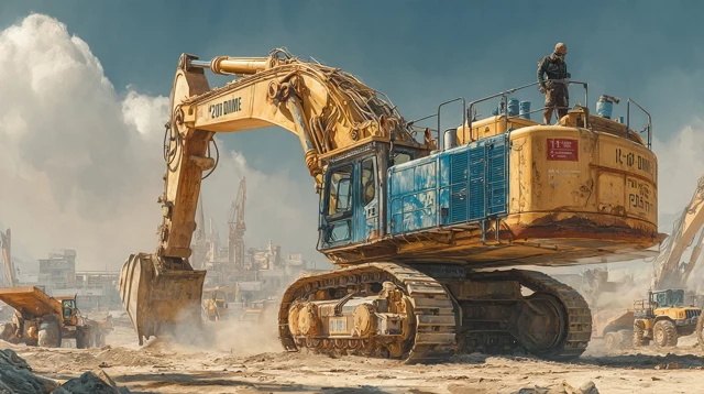 Construction Site Scene Heavy Excavator and Dump Truck