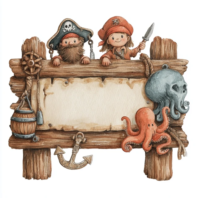 Pirate Signboard Cartoon Watercolor Illustration