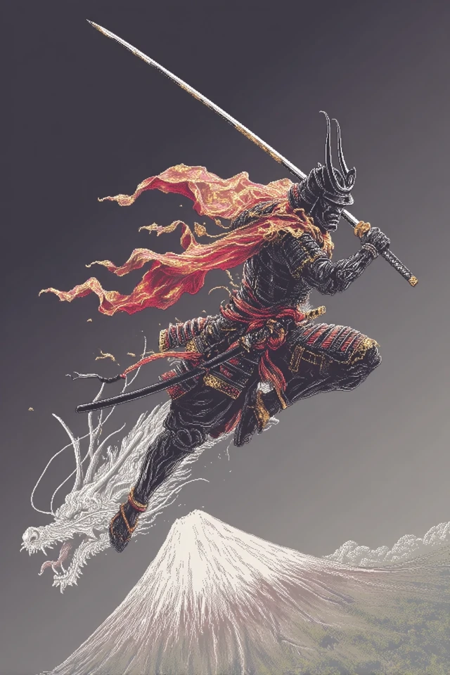 Samurai Warrior Art Japanese Mountains Illustration