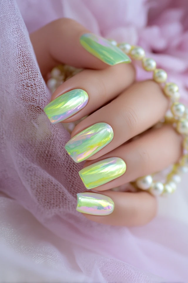 Luxury Light Green and Yellow Holographic Nail Art