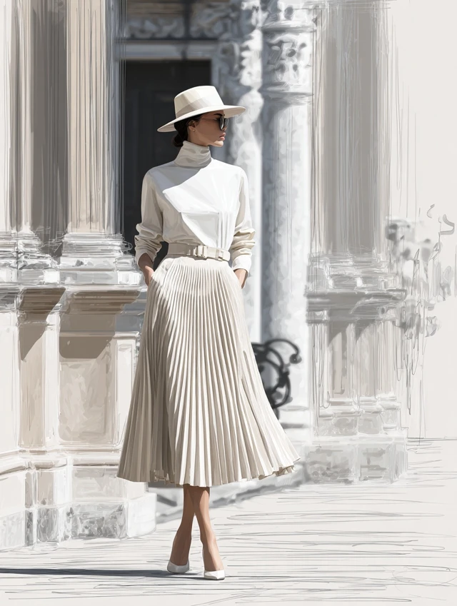 Elegant Model in Pleated Skirt Urban Setting
