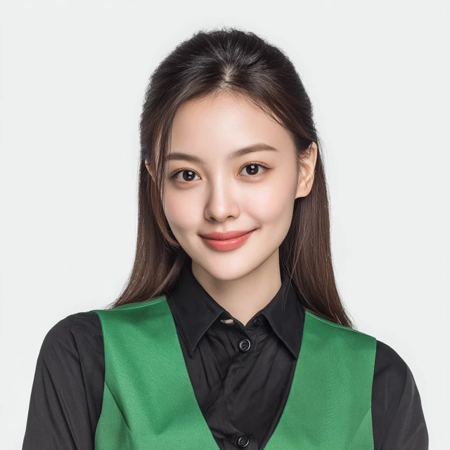 Beautiful Chinese Woman Smiling in Green Business Vest