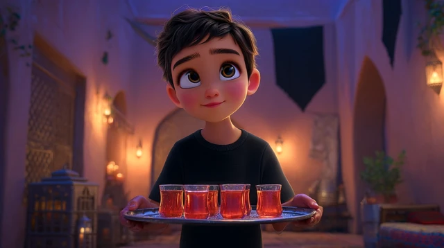Boy with Tea in Mosque at Night