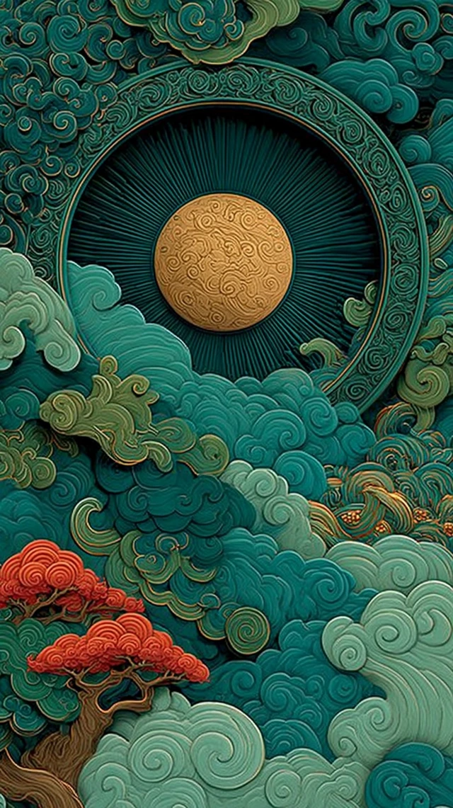 Chinese Art Dunhuang Style Green Gold Patterns