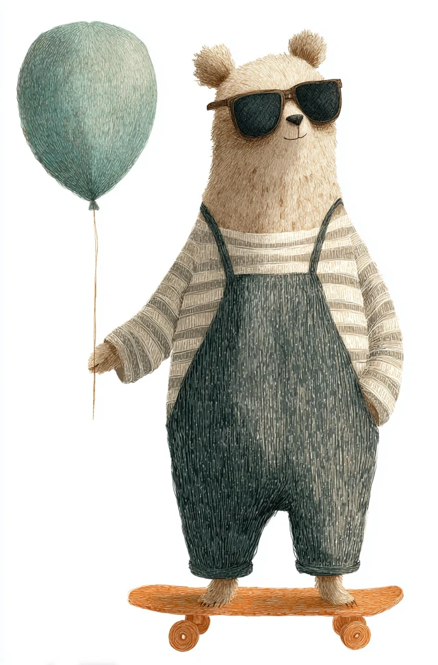 Cute Bear on Skateboard with Balloon Illustration