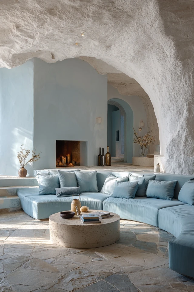 Japandi Living Room Design Sky Blue Sofa Vaulted Ceiling