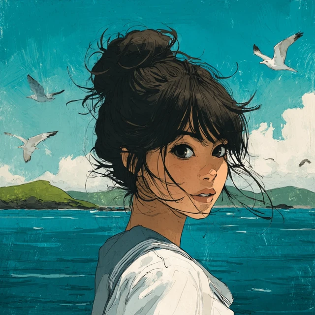 Young Woman by the Sea Hand Drawn Illustration