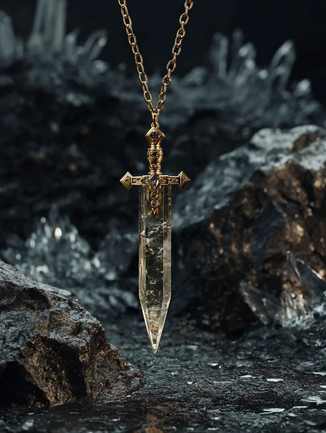 Golden Pendant Sword Necklace with Crystal Blade