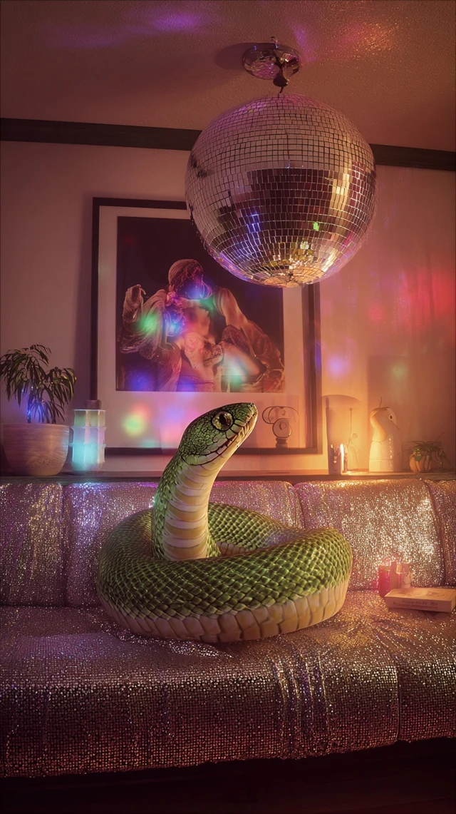 Green Snake on Sequin Sofa Retro Disco