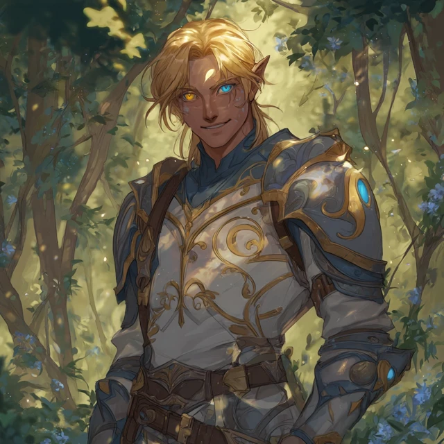 Elven Warrior Paladin with Heterochromia in a Forest