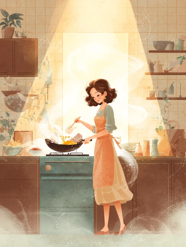 Woman Cooking in Kitchen Watercolor Illustration