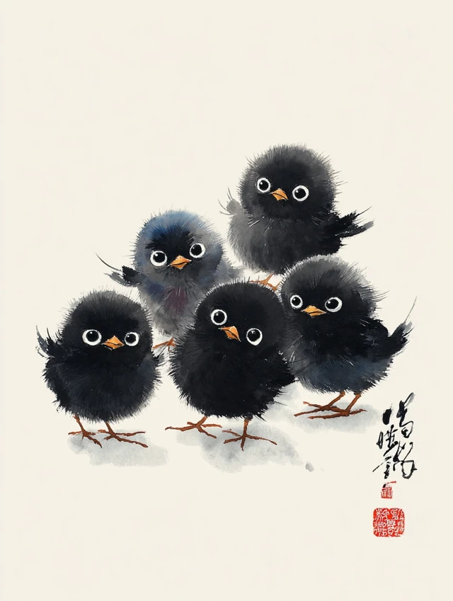 Whimsical Chicks Chinese Ink Painting
