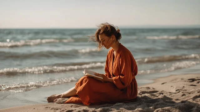 Woman Reading on Beach Serene Scene