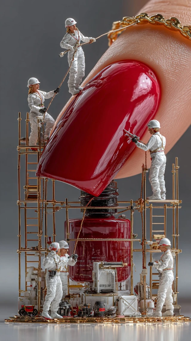 Miniature Workers Manicuring a Hand