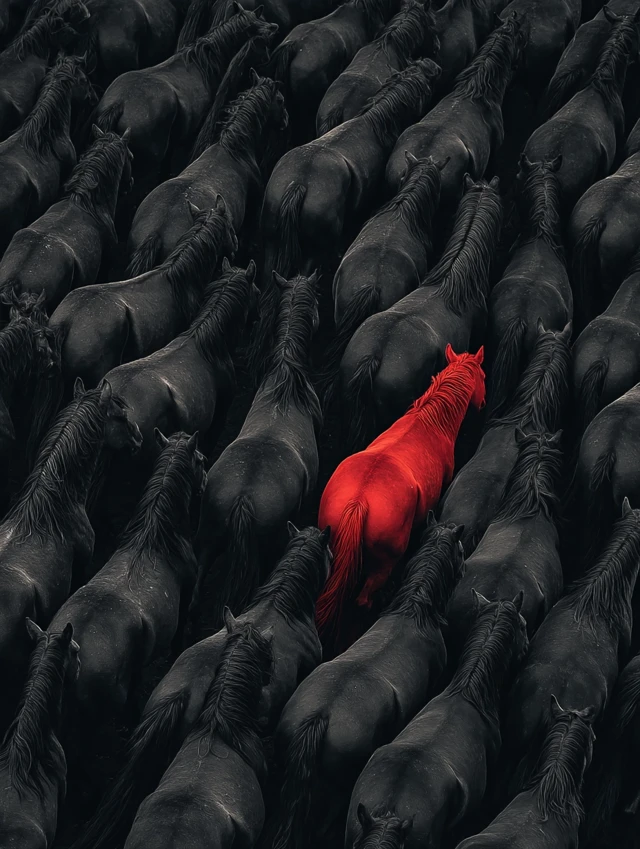 Red Horse in a Herd of Black Horses Art Print