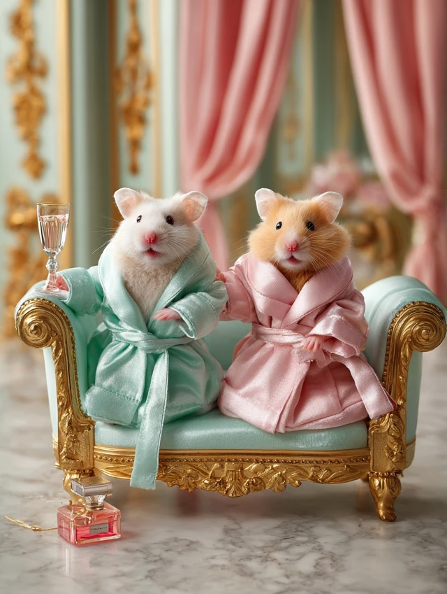 Cute Hamsters in Bathrobes Relaxing in Luxury