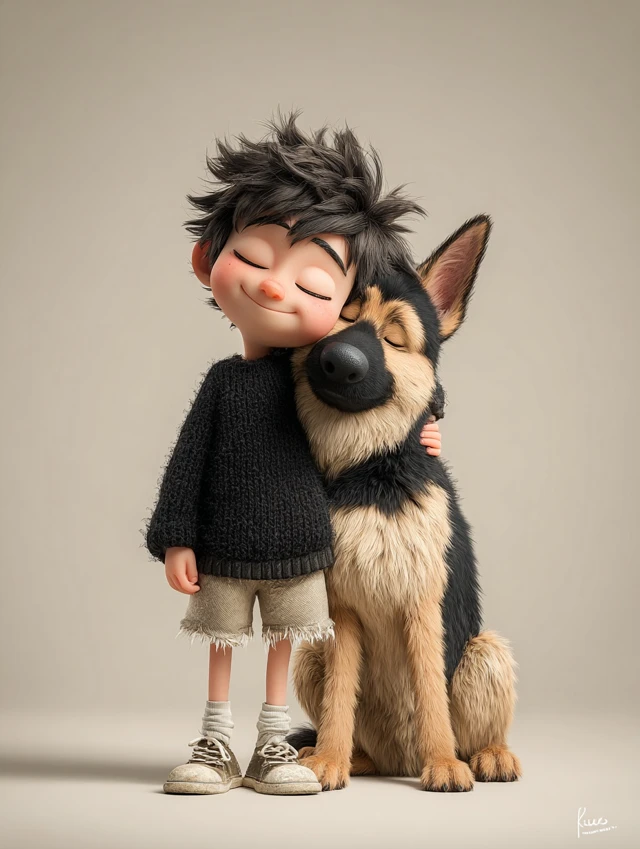 Boy and German Shepherd Friendship 3D Cartoon