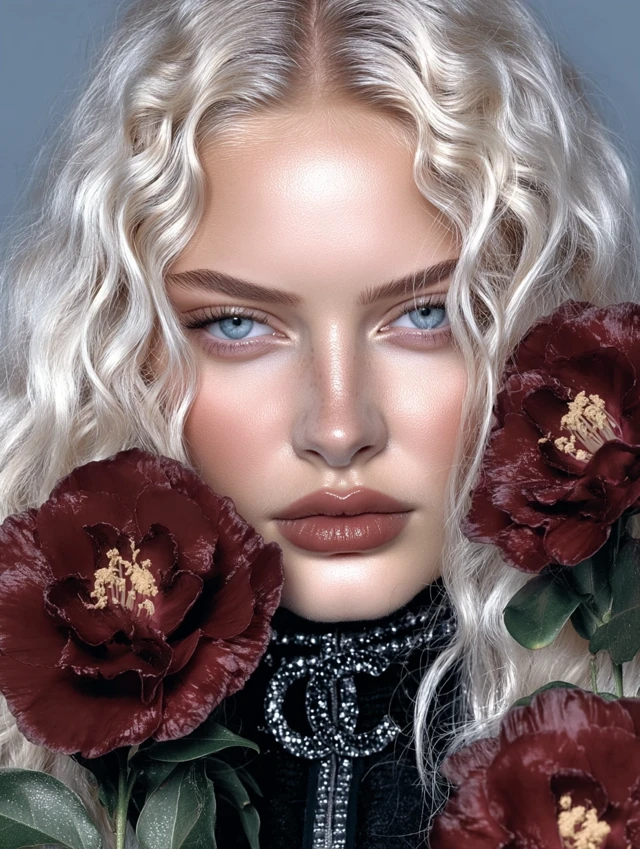 Fashion Model with Blonde Hair and Red Flowers